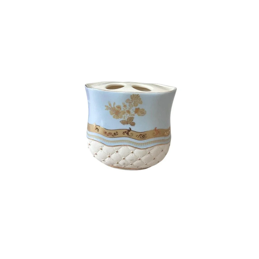 Vintage Croscill Napoleon Ceramic Toothbrush Holder Blue Quilted Floral 1986